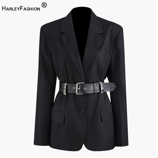

women's suits & blazers harleyfashion elegant design european high street casual black blazer with belt single button solid slim jacket, White;black