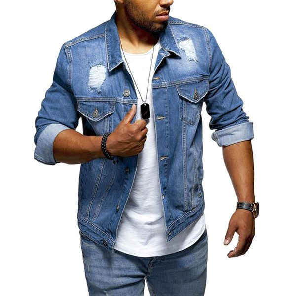 

men's jackets men jacket long sleeve hole lapel pocket denim retro jean streetwear casual coats outwear slim jaqueta, Black;brown