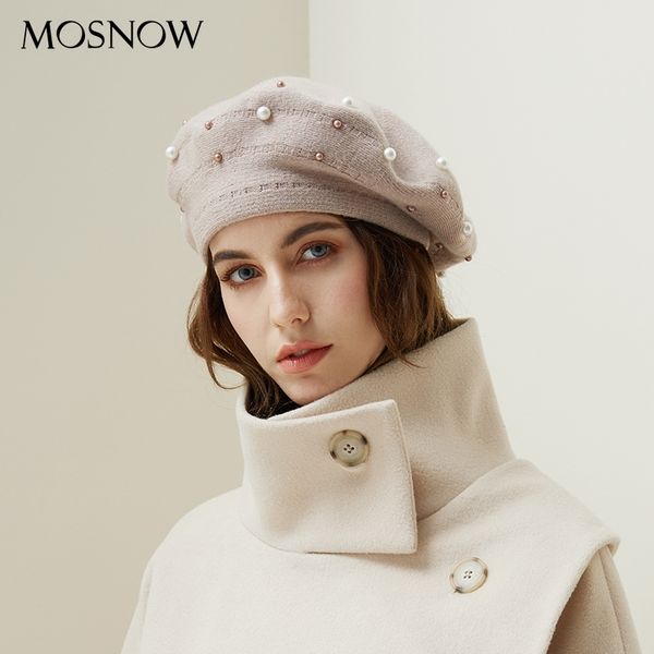 

women berets pearl decoration hat female rabbit hair knitted caps new brand winter beret lady painter bonnet hats wholesale y200102, Blue;gray