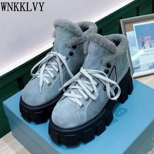 

thick sole real wool snow boots women cow suede round toe lace up fur ankle botas runway comfort warm winter platform shoes 2021, Black