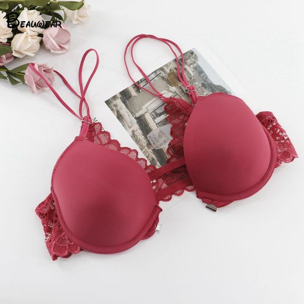 

beauwear front-close bras for women 36-42 a b solid color female underwear lace push up bh multi-way underwired padded bra, Red;black