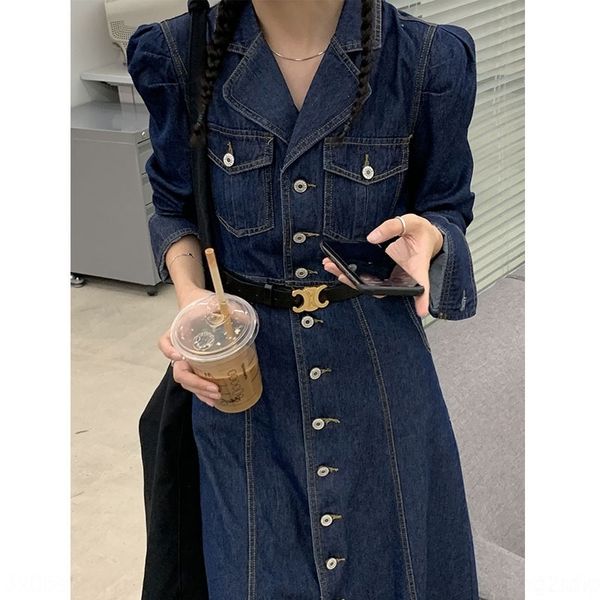 

h0csv denim dress women skirt autumn winter new korean version denim women skirtslim single breasted mid sleeve long long skirt fashion for, Black;gray