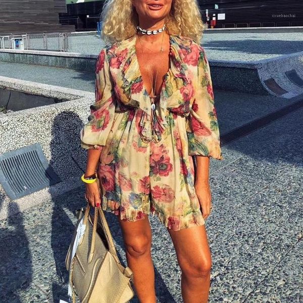 

women jumpsuit brand design floral bohemian jumpsuit v neck long sleeve ruffles mini playsuits high waist loose beach jumpsuits1, Black;white