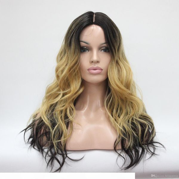 

do not cut lace front2017 new quality ombre darkest brown mix golden blonde wavy small lace front long wig, Black