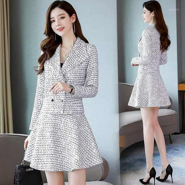 

runway 2 piece set womens vintage skirt suits for ladies office clothing korean black white plaid jacket and skirts suit women1, White;black