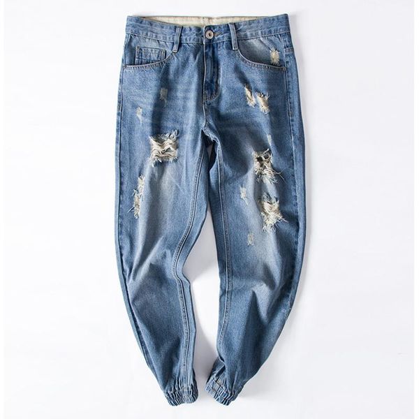 

new jeans retro nostalgia beam foot denim jeans men plus size s-6xl casual men long holes harem pants trousers brand biker1, Blue