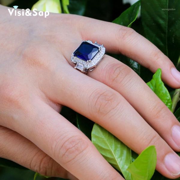 Visisap luxuoso grande azul cúbico zirconia anéis de casamento para mulheres anel de noivado de moda fina completa b27611