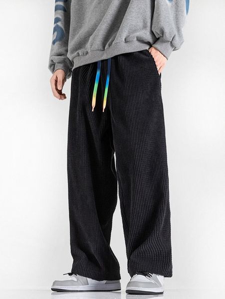 

men slant pocket drawstring waist corduroy pants x0i7#, Black