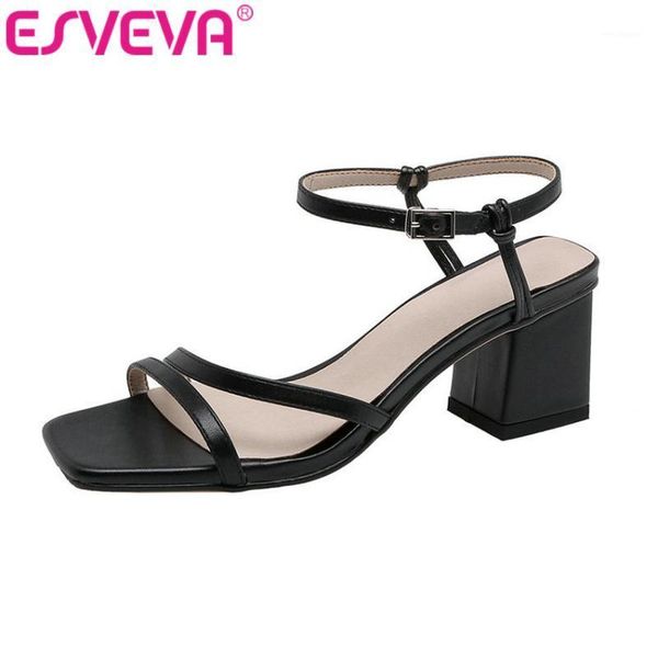 

esveva 2020 ladies sandal square high heel slip on pointed toe ladies slingback ankle strap women shoes summer size 34-431, Black