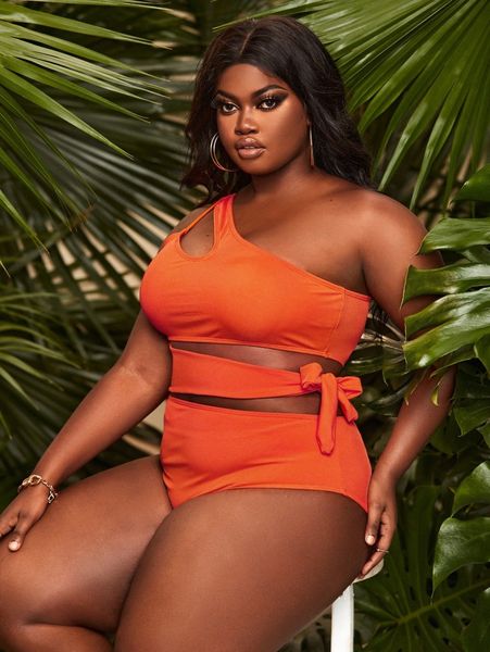 

plus rib cut-out one shoulder one piece swimsuit x8ul#, Black