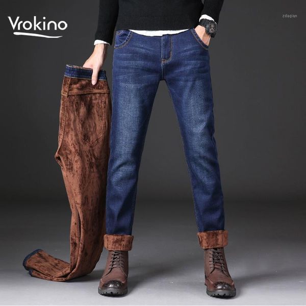 

men's jeans winter 2021 men's warm thick business casual stretch black blue denim pants large size 28-421