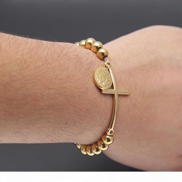 

new arrivel hip hop stainless steel gold bead bracelet with jesus cross pendant pulseras rosary bracelets men women, Golden;silver