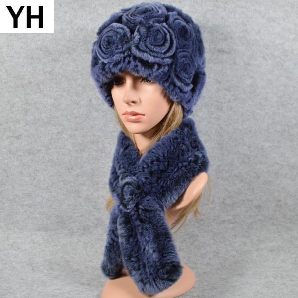 

women 2 pieces sets knitted flower real rex fur hat scarf rex fur cap scarves natural poncho hats, Blue;gray