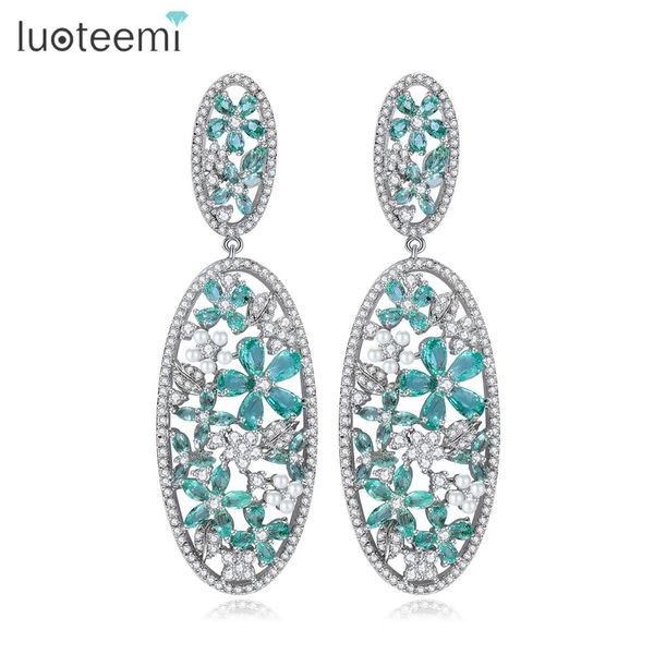 

luoteemi 2017 new vintage silver-color green teardrop cz flower oval statement hollow out stud earrings for women wedding gift 210202, Golden;silver