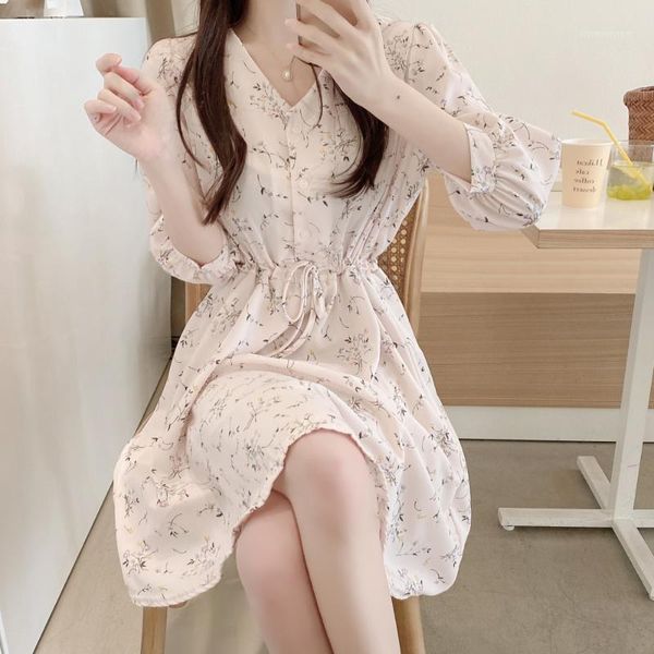 

casual dresses plus size v neck summer dress girls boho party chiffon female vintage print long sleeve women robe vestido1, Black;gray