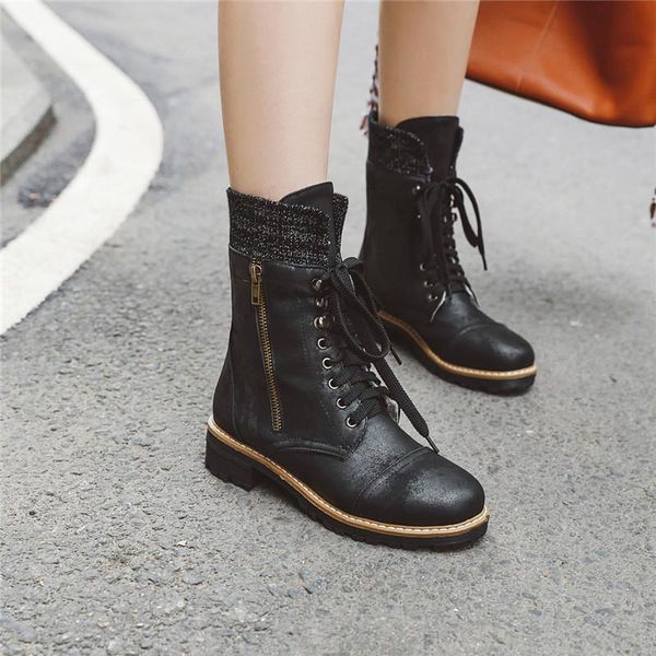 

boots ymechic 2021 winter knitting lace up combat for women med chunky heel shoes black gray biker female