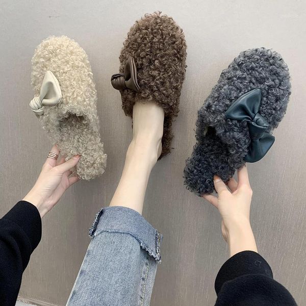 

cover toe shoes woman 2021 slippers flat flock female mule fur flip flops slipers women low butterfly-knot mules plush new soft1, Black