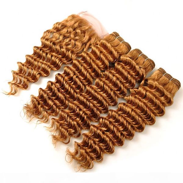 

honey blonde deep wave indian virgin human hair 3bundles with closure #27 light brown deep wavy lace front closure 4x4 with weave bundles, Black;brown