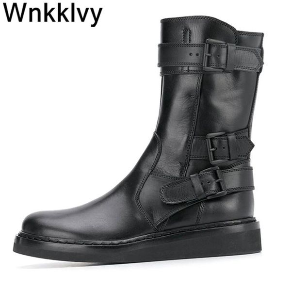 

flat martin boots women round toe blet buckled cow leather ankle botas autumn winter motorcycle shoes short boots female 2020, Black