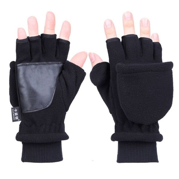 

women men winter polar fleece half finger flip gloves double layer thien touch screen fingerless convertible mittens wrist, Blue;gray