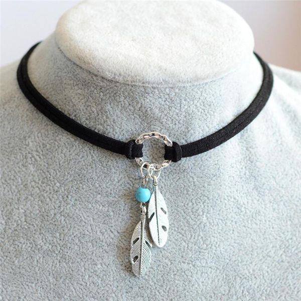 

chokers choker black brown leather necklace antique color feather shape charm bohemian chain jewelry gift, Golden;silver