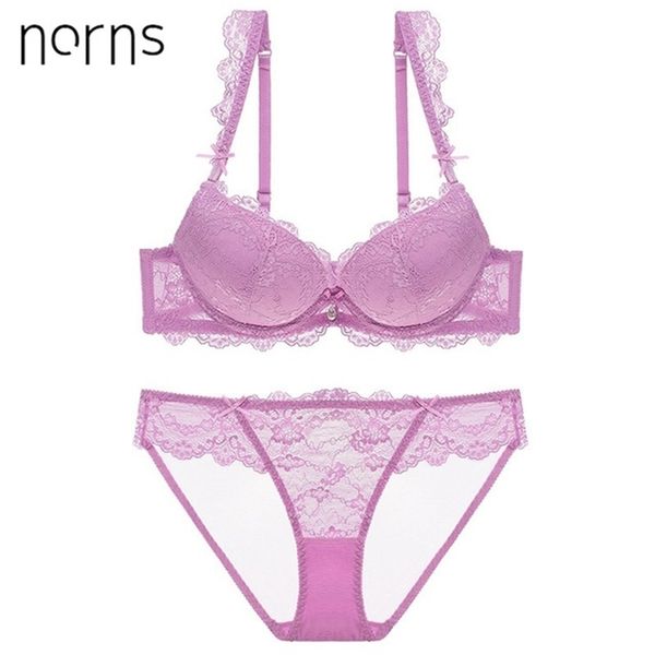 

norns lace underwear set embroidery lingerie push up bra panties sets deep v hollow out intimante brassiere purple lj201211, Red;black