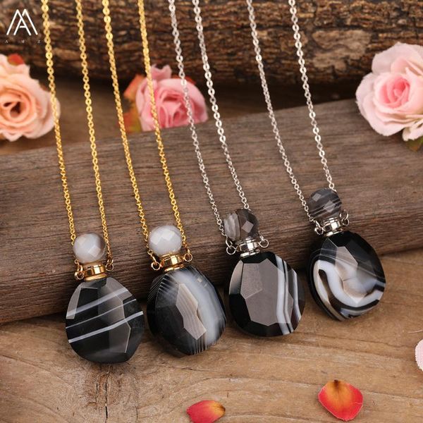 

natural black agates stone perfume bottle pendant gold chains necklace women faceted onyx stone essential oil necklace jewelry, Silver