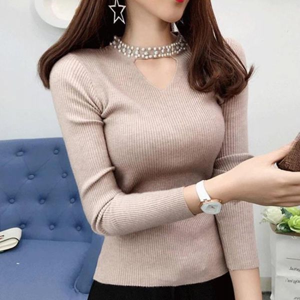 

ropa mujer 2021 korean fashion pearl bead neck elegant sweater women long sleeve basic undershirt pullover knitwear, White;black