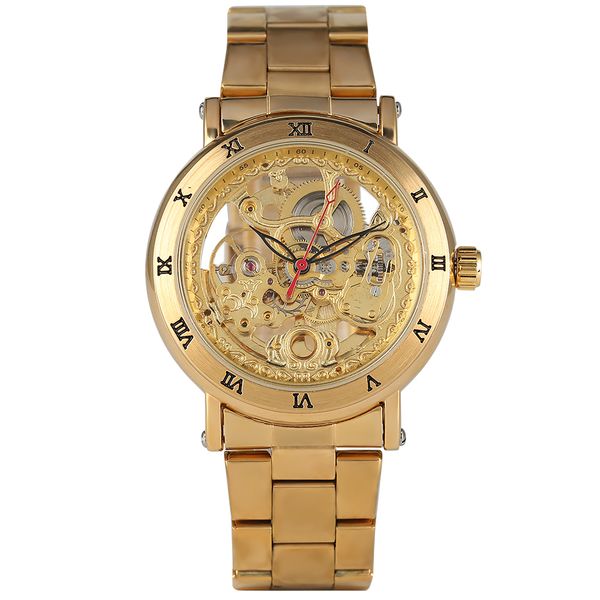 

men's all golden hollow out automatic-self-winding mechanical watch classic stainless steel skeleton practical rome dial, Slivery;brown
