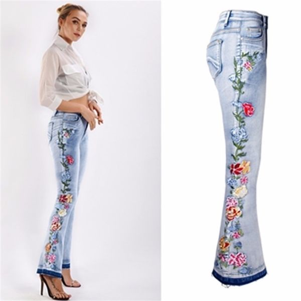 Senhoras Casual Cintura Alta Flare Bordado Bordado Blue Jeans Mulheres Streetwear Jeans Do Vintage Feminino Sexy Hot Moda Denim Calças 201223