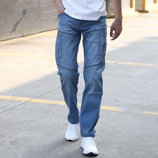 

men multi pocket cargo jean pants hip hop loose denim pants straight more pocket jeans plus size motorcycle denim joggers 1104031, Blue