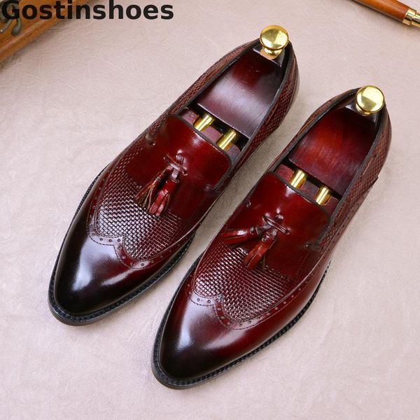 

mens shoes genuine leather black brown slip-on pointed toe wing tip tassel decorated men leather shoes dress formal men