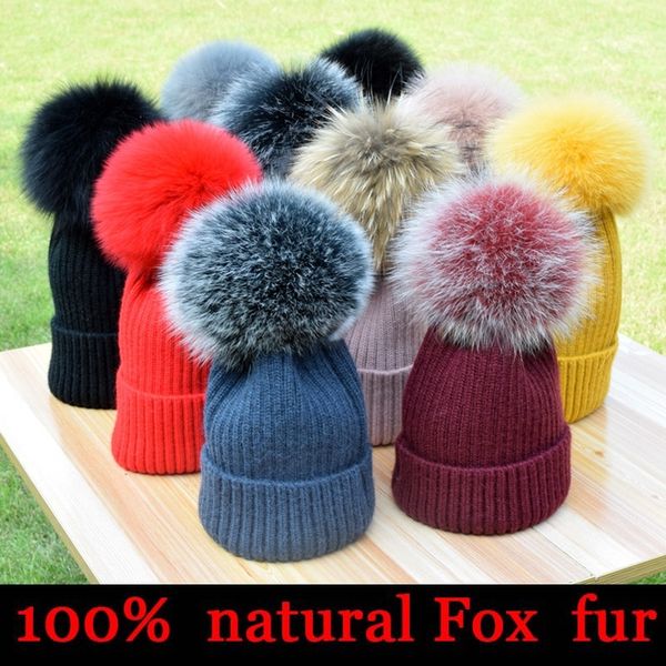 

new winter hat luxury quality fox fur pompom hats beanie girls women bonnet winter hats for women y201024, Blue;gray