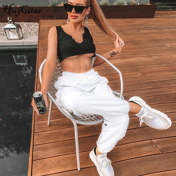 

hugcitar cotton high waist losse baggy cargo pants autumn winter fitness trousers streetwear outfits lj200818, Black;white