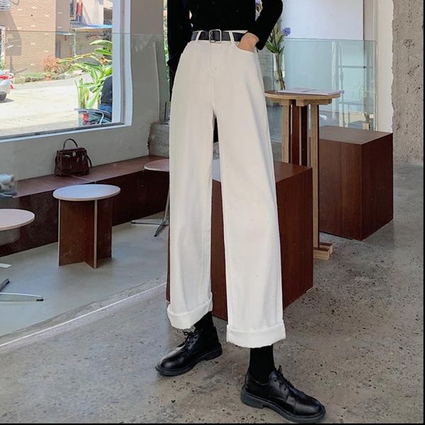 

sml size women beige blue black jeans solid high waist korean style vintage loose wide leg pants boyfrineds mom, Black;white