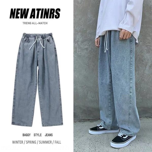 

xmjoz jeans men's korean fashion loose straight line pants leg versatile 9-point elastic waist wide wide leg pants trendy ins 0bsqf, Blue