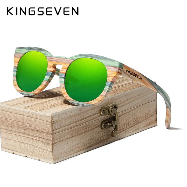 

kingseven frame wood round bamboo uv400 full polarized mirror handmade women men custom shades sunglasses fcsvq, White;black