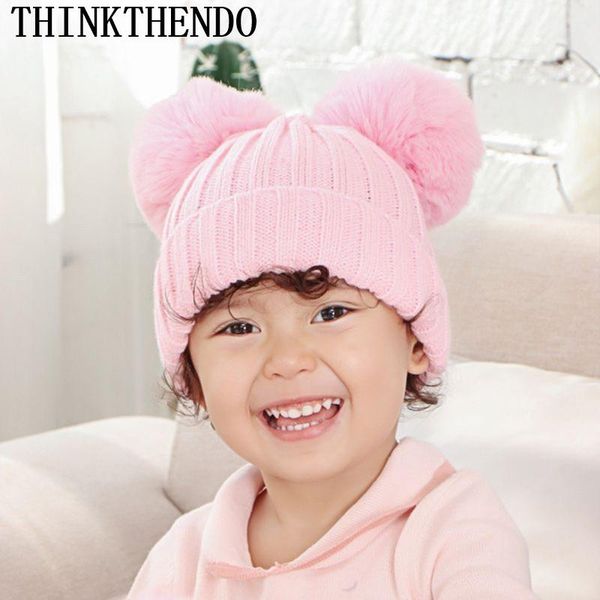 

toddler baby kids chunky crochet knitted hat solid color winter warm cuffed beanie cap with cute big fluffy plush pompom ball ea, Blue;gray