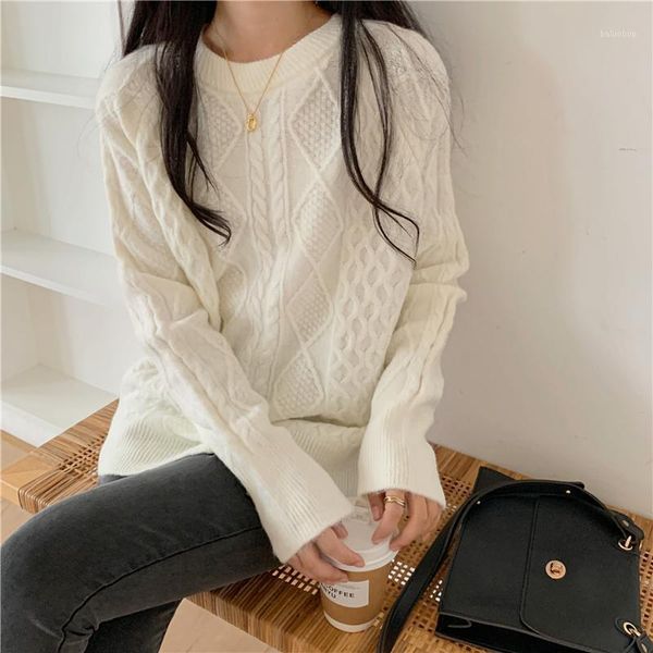 

jxmyy 2021 winter new round neck pullover solid color loose twist sweater jacket women's thin all-match t:12161, White;black