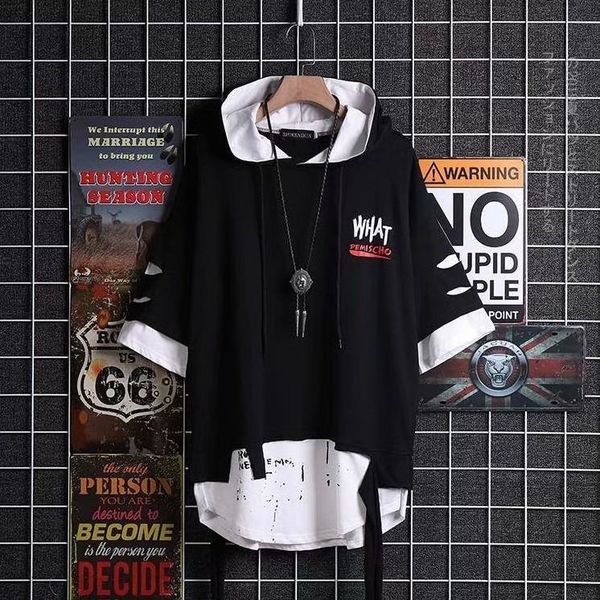 

super fire ribbon hooded hip hop short sleeve hip hop fashion t-shirt men's fake two-piece street bf loose five sleeve t-shirt, White;black