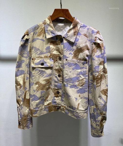 

2020 autumn women camouflage coat painting short jacket retro distressed active printed puff sleeve thin casual jacket1, Black;brown