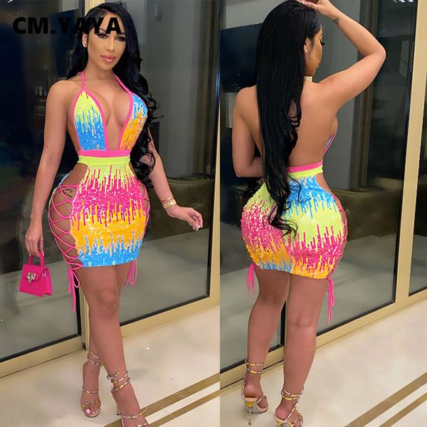 

colorful print spaghetti strap halter mini dress criss-cross drawstring hollow out women night party club dresses, Black;gray