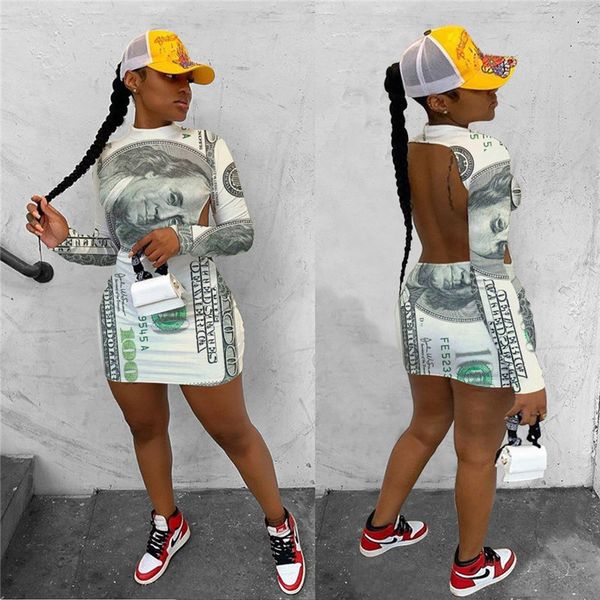 

2021 spring autumn women banknote print low back dress designer fashion slim casual long sleeve skirts mini dresses club clothes h12004, White