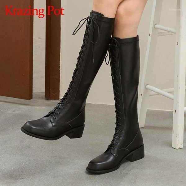 

boots krazing pot genuine leather round toe med heel motorcycle cross-tied handsome young lady leisure basic knee-high l331, Black