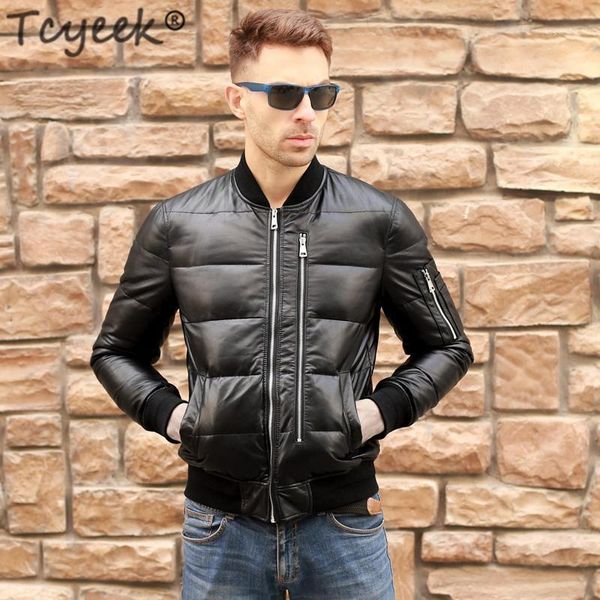 

tcyeek 100% real leather jacket men's winter sheepskin duck down coat men clothes 2020 korean genuine leather jacket hiver 19271, Black