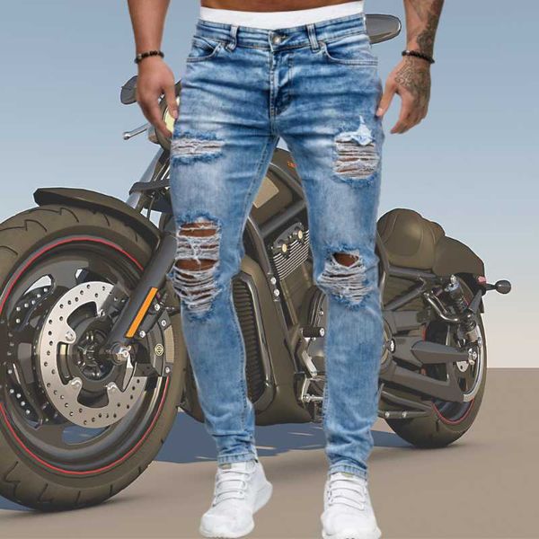 Erkekler Yırtık Sıska Biker Kot Gökyüzü Mavi Klasik Kalem Pantolon Sokak Lokomotif Denim Pantolon Arkadaş Erkekler Iş Kovboy Pantolon