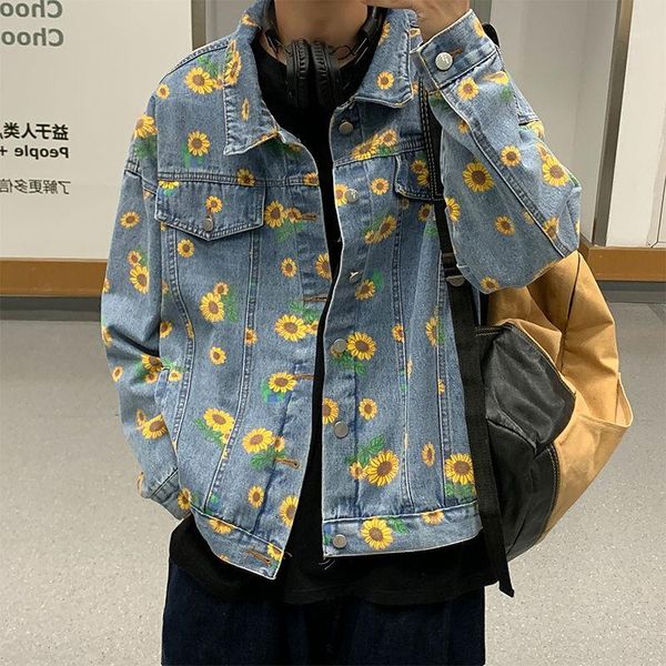 

autumn korean flower denim jacket men's fashion casual retro denim jackets mens streetwear wild loose hip-hop bomber jacket men1, Black;brown