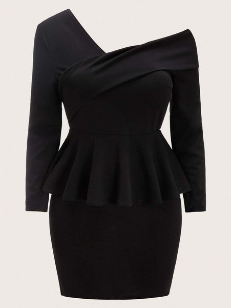 

plus asymmetrical neck peplum dress w4px#, Black