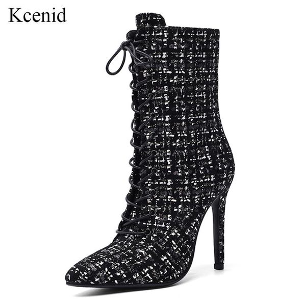 

boots kcenid women winter shoes 2021 mixed color pointed toe high heel ankle for lace up zip ladies plus size 34-43, Black