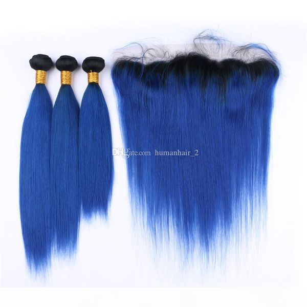 

new arrival silky straight 1b blue human hair bundles with lace frontal 13x4 dark root ombre blue hair extension with frontal closure, Black;brown